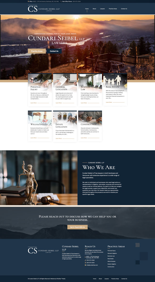 Cundari Seibel homepage with deep blue sections, warm sunset imagery and practice-area cards.